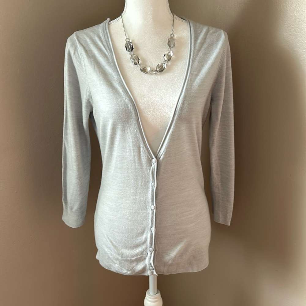 New York & Company deep V neck light grey silver cardigan 3/4 sleeve. Very soft